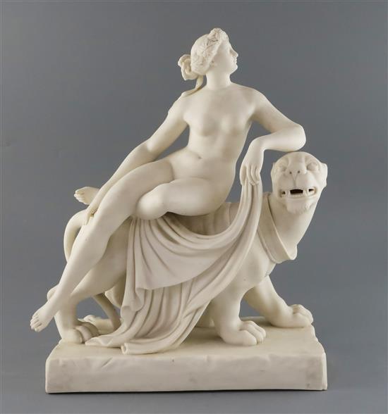 A Minton parian group of Ariadne and the Panther, after Dannecker, mid 19th century, h. 37cm, splinter chip to corner of plinth